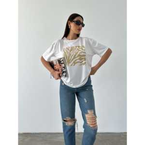 Camiseta Básica para Mujer, 100% Algodón Jersey, Estampado Metálico, Transpirable, Manga Regular, Blanca - Product Image 3