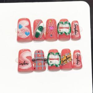 Lot de 10 <span class=keywords><strong>faux</strong></span> <span class=keywords><strong>ongles</strong></span> à presser rose corail, faits main, motif canard, lèvres 3D, perles, cœur, paillettes, bonbons, mignons, style Y2K - Product Image 2