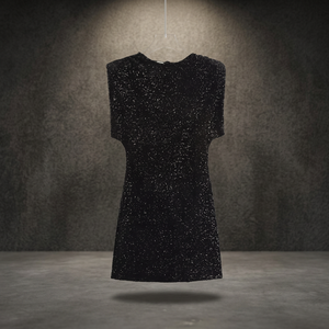 Vestido Mini Ajustado con Lentejuelas y Cuello Redondo, Manga Corta, para Fiesta, Color Negro Sólido, Tejido 100% Poliéster - Product Image 3