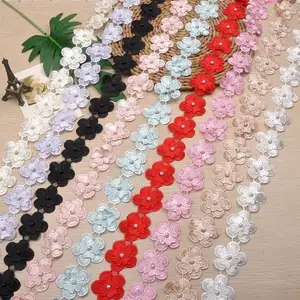 Luxury 3 D Flower Pearl Embroidered Gathered Lace Ribbon Trimming Border Embroidery Trim Lace For Wedding Dress