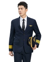 Costume d'uniforme de pilote d'avion pour homme Noir/Bleu Bandes dorées Manches longues Polyester + Viscose