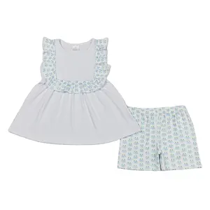 RTS女の赤ちゃん卸売ホワイトコットンカニフリルビブチュニックトップ幼児ショーツサマーブティック衣装服セット