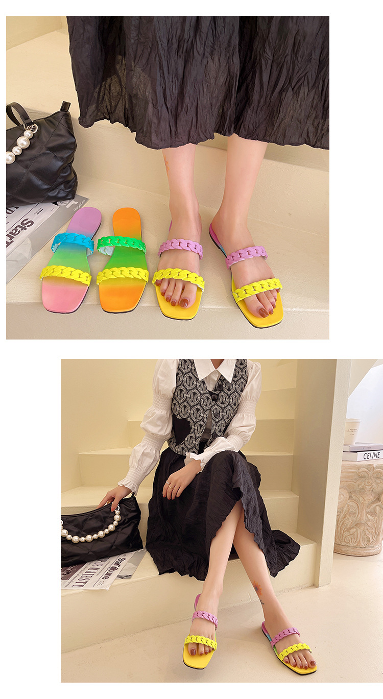 New Rainbow Bottom Chain Beach Slippers Candy Colorful Slipper Sandals Ladies