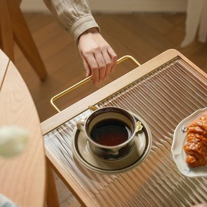 Solid Wood Coffee Table With Glass <b>Top</b> Movable Trolley For Living Room Small Apartment Japanese Style - Product Image 4