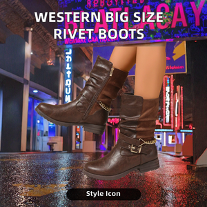 Botas Vaqueras Occidentales de Invierno para Mujer, Tallas Grandes, Estilo Europeo y Estadounidense, Nuevas Botas de Moda con Cadena y Remaches, Tacón Grueso, Cierre Lateral con Cremallera - Product Image 2