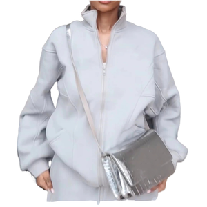 2023 logotipo personalizado mujer Sudadera con capucha de gran tamaño Jogger conjunto con cremallera ropa deportiva cuello alto patrón sólido tejido polar estilo Casual - Product Image 4