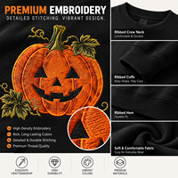 Fabricant de vêtements personnalisés, sweat-shirt à col rond avec broderie de citrouille d'Halloween, streetwear, sweat-shirt à col rond Jack O Lantern