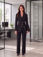 Costume pantalon femme noir, blazer à simple boutonnage, revers pointus, manches longues, pantalon coupe droite, du XS au 5XL, idéal pour le bureau, l'hôtellerie, sur mesure (MTM)