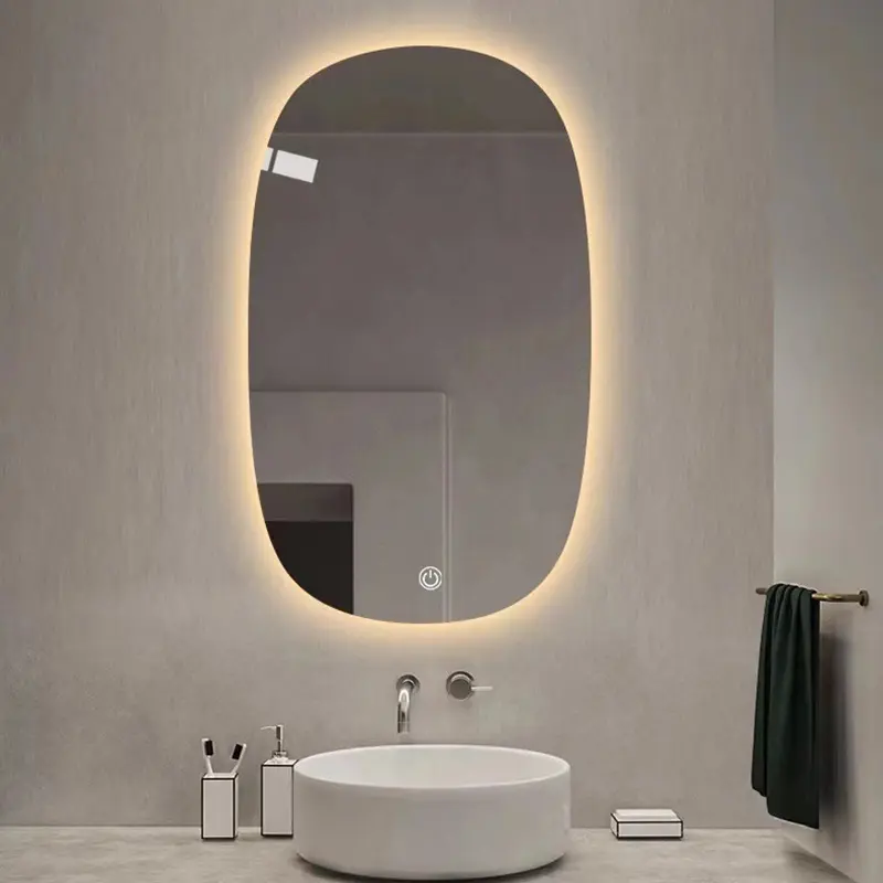 Lavabo de esquina redondeada grande montado en la pared simplificado Hotel inteligente táctil LED espejo de baño personalización