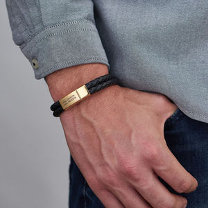 Bracelet en cuir véritable à Double couche pour hommes, en cuir véritable, gravé et personnalisé, plaqué or, noir - Product Image 2