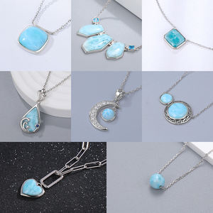 Collares de Larimar <span class=keywords><strong>Natural</strong></span> de plata 925 hechos a mano, colgantes esculpidos a mano con venas oceánicas fluidas, cadenas finas - Product Image 4