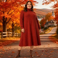 Robe midi trapèze à col roulé en maille côtelée épaisse 380 GSM à manches longues, grandes tailles, collection saisonnière Canadian Maple, OEM 1X-5X