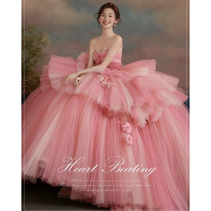 Strapless Ball Gown Wedding Dress Watermelon Red Tulle Empire Waistline Elegant Banquet Style - Product Image 2