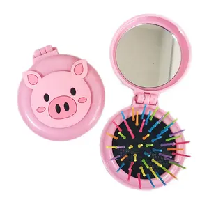 粉红色折叠刷与镜子可爱的卡通口袋梳子孩子独角兽小梳子促销礼品