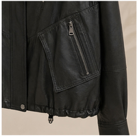 Veste Courte Femme en Cuir de Mouton Véritable, Col Revers, Fermeture Éclair et Boutons Pression, Ourlet à Cordon, Style Vintage