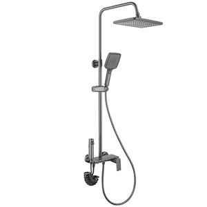 Moderno Grifo de Baño Cuadrado de Latón con Acabado Gris Metálico, Juego de Grifería con Doble Manija, Pantalla Digital, Barra Deslizante de Lluvia Incluida - Product Image 1