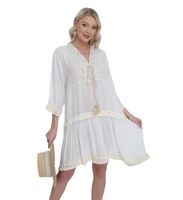 Robe d'été décontractée et fluide pour femme, style bohème, col en V, brodée, à franges, faite à la main, en stock