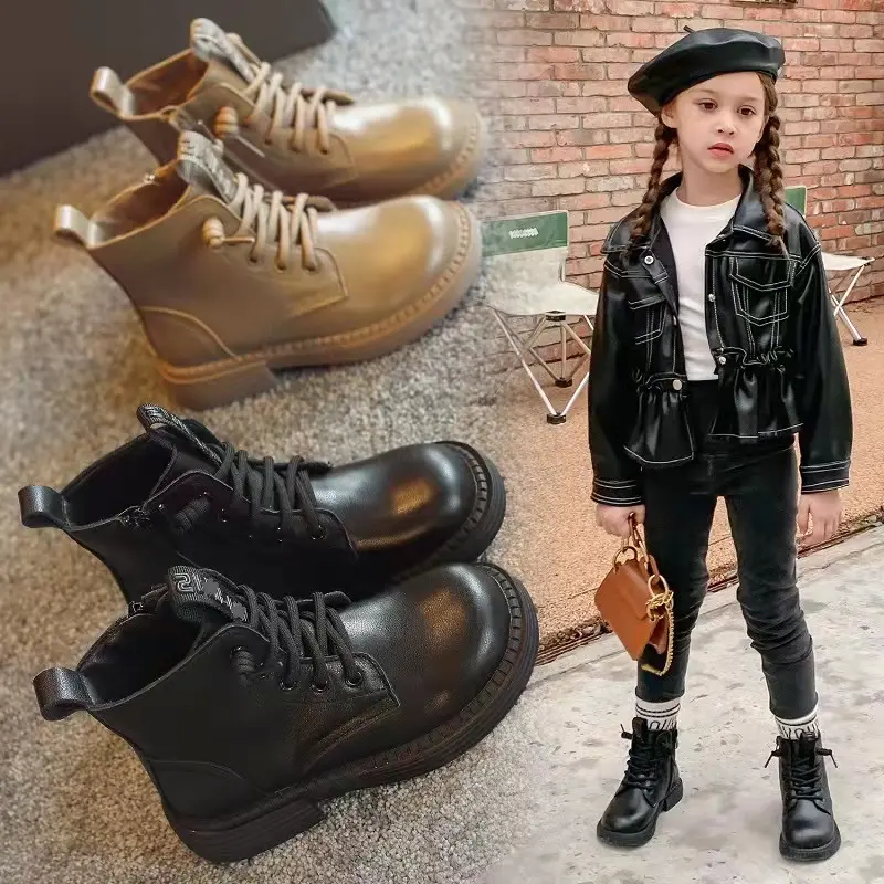 Korean design child shoes boots winter shoes for children genuine leather zipper lace-up martin kids fur boots children shoes