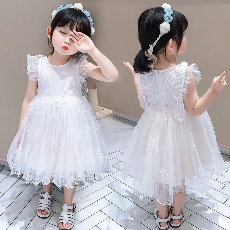 Q20603 vestido de criança meninas, elegante renda pom manga de pom flutter festa princesa asas traseiras bebê menina vestido branco tutu