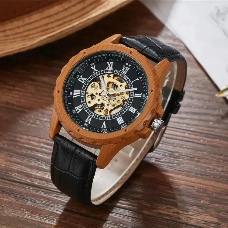 2021 Fashion Men Luxury Roman Number Wood Colours Automatic Watch Men Skeleton Leather Men's Wrist Watches