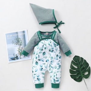 Vente chaude <span class=keywords><strong>bébé</strong></span> vêtements <span class=keywords><strong>ensemble</strong></span> <span class=keywords><strong>bébé</strong></span> <span class=keywords><strong>garçon</strong></span> fille tenues 3 pièces mignon rayé à manches longues hauts + feuilles imprimer sans manches barboteuse + chapeau 0-18M - Product Image 3