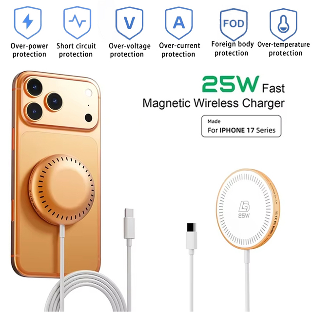 15W & 25W Wireless Magnetic Charger with Fast Charging Multi-color Options Strong Magnetic Field Type-C Port for Iphone17 16 15