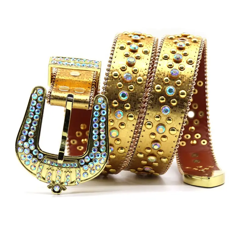 western cowgirl belts crown buckle leather rhinestone belt luxury punk studded purple diamond belts for women men