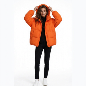 Orange <b>Waterproof</b> <b>Puffer</b> <b>Jacket</b> <b>Hooded</b> Collar Zipper Closure Thick Polyester Wadding 220g Winter Casual Loose Fit Unisex Solid - Product Image 2