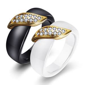 Ceramic Diamond <b>Ring</b> 18K Gold 21mm Leaf Pattern Black White <b>Couple</b> <b>Ring</b> Women's Everyday Wear - Product Image 1