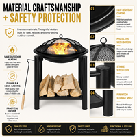 Brasero d'extérieur rond en acier pour bois avec écran anti-étincelles en maille, support à bûches et pique à bois, pour patio et jardin