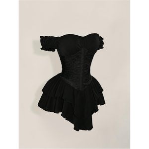Women's Off Shoulder Corset Dress Ruffle Hem <b>Lace</b> Up Mini Gothic Lolita Outfit Satin High Low Silhouette - Product Image 4