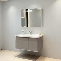 Meuble-lavabo de salle de bain moderne de luxe en acier inoxydable avec miroir intelligent, vasque en céramique murale, résistant à l'eau, appartement, hôtel