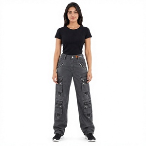 Women’s Vintage Denim Cargo <b>Pants</b> Wholesale Custom Washed Blue Cargo Jeans <b>High</b> <b>Waist</b> Baggy Wide Leg Streetwear Casual Fashion - Product Image 1