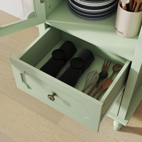 Buffet minimaliste avec portes en verre et double tiroir, armoire de rangement moderne en bois vert menthe