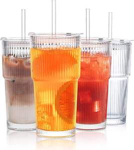 Vaso de Vidrio Transparente de 600 ml con Rayas, Ecológico, Apto para Lavavajillas, con Tapa Segura y Pajita para Beber Jugo, Leche, Té, Café Helado - Product Image 3