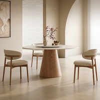Table de salle à manger ronde en bois massif et dalle de roche de style crème-Blanc pur avec plateau tournant, table à manger minimaliste moderne en marbre
