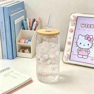 ピンクのリボン付きガラス製タンブラー、竹製の蓋とストロー付き、女の子への可愛いカワイイカップギフト - Product Image 5