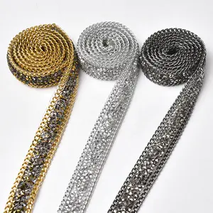 Strass fantaisie en cristal à double pointe avec bande de chaîne en métal, garniture décorative en diamant noir