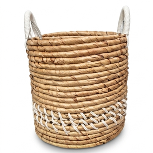 Handcrafted Water Hyacinth Storage <b>Basket</b> With <b>White</b> Rope Accent Boho Woven <b>Laundry</b> Hamper Cotton Handles For Home Decoration - Product Image 1