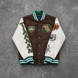 Veste de baseball formelle unisexe avec logo personnalisé OEM, broderie en chenille camouflage sur le devant, manches en polaire, style bomber, veste varsity - Product Image 1