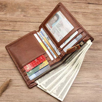 Dompet Kartu Pria Kulit Asli Anti-RFID, Model Pendek, Motif Benang, Lapisan PVC, Minimalis Tipis, Diskon Besar