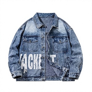 Hot Selling Men's Distressed <b>Denim</b> Jacket With Letter Print Casual Button Front Washed Cotton <b>Coat</b> Autumn Style Regular Fit - Product Image 1