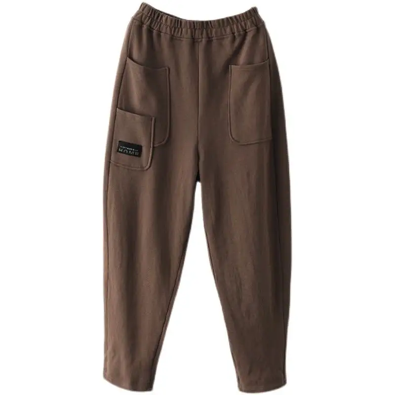 Pantalones holgados de cintura elástica retro para mujer, calzas informales adelgazantes con bolsillos, bombachos que combinan con todo, color sólido, 2021