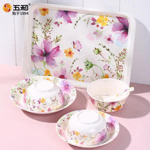 Five-tone Melamine Bowl Set Flower Pattern Round Rice Bowl Household Anti-shatter Tableware - Product Image 4