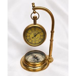 <b>Vintage</b> Brass Hanging Table <b>Desk</b> Clock with Compass Base Antique Nautical Table Decor - Product Image 6