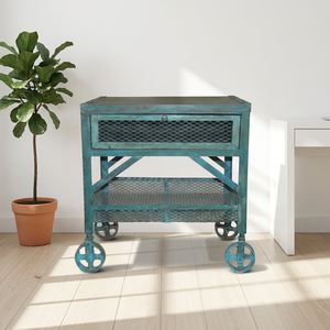 Table d'appoint mobile industrielle vintage en fer rustique sur roulettes avec plateau de service et 1 tiroir pour hôtel, salon ou mobilier de maison - Product Image 6