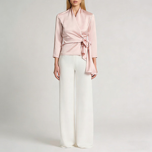 Blusa Elegante de Satén Rosa para Mujer, Estilo Formal de Oficina, para el Día y la Noche, con Cuello en V, Manga 3/4 y Cintura con Lazo - Product Image 3