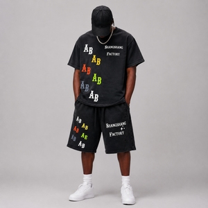 Ensemble <span class=keywords><strong>court</strong></span> pour <span class=keywords><strong>homme</strong></span> personnalisé avec impression sérigraphique, coupe ample et courte, style vintage délavé à l'acide - Product Image 1