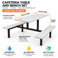 Ensemble table et banc de cantine intégrés contemporains 4 places, structure en métal noir thermolaqué, mobilier de salle à manger scolaire