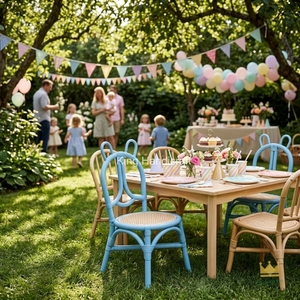 Chaise de salle à manger pour enfants en rotin naturel de couleur pastel, faite à la main, mobilier pour tout-petits pour fêtes d'anniversaire et événements, vente en gros - Product Image 5